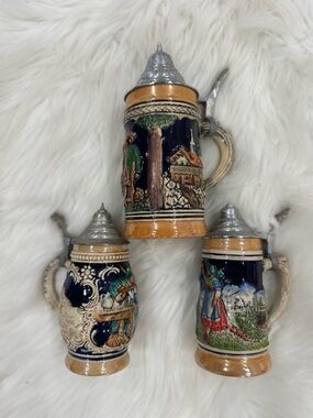 Hand-Painted Ceramic Beer Stein Trio with Pewter Lids - Blue, Tan, Green